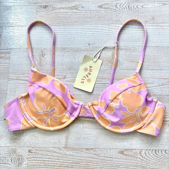 New Aurelle Kiva Classic Bikini Top | Purple Hibiscus‎ Size Large - Picture 1 of 5